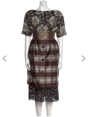 Antonio Marras Floral & Plaid Mixed-Print Brown Dress with Leopard Waist